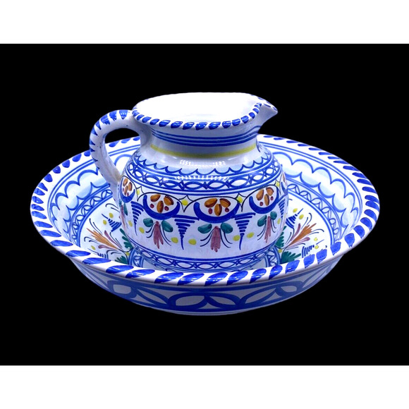 De La Cal Barreira Hand Painted Pottery Wash Basin Pitcher & Bowl Spain Vintage